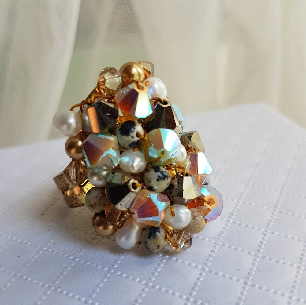 Swarovski Elements Large Dark Brown & Dalmatian Beads Cluster Statement Ring NWT